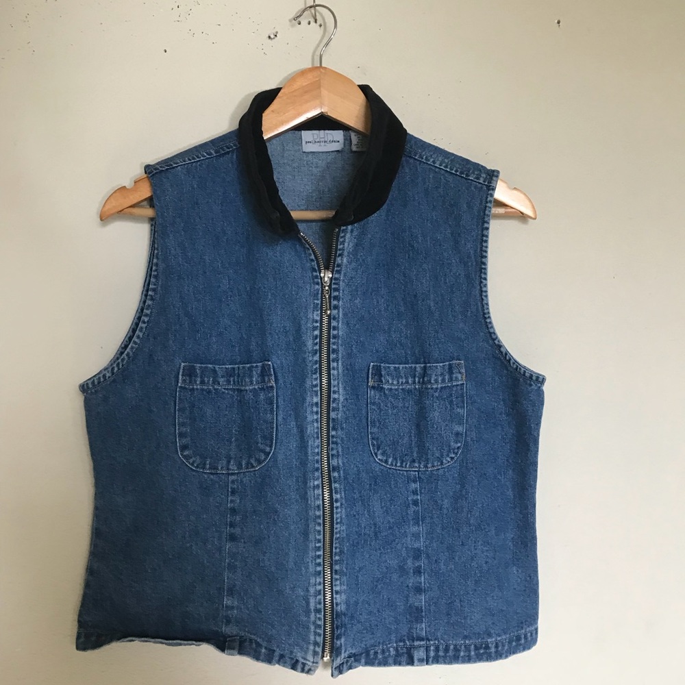 Vintage denim vest with velvet collar